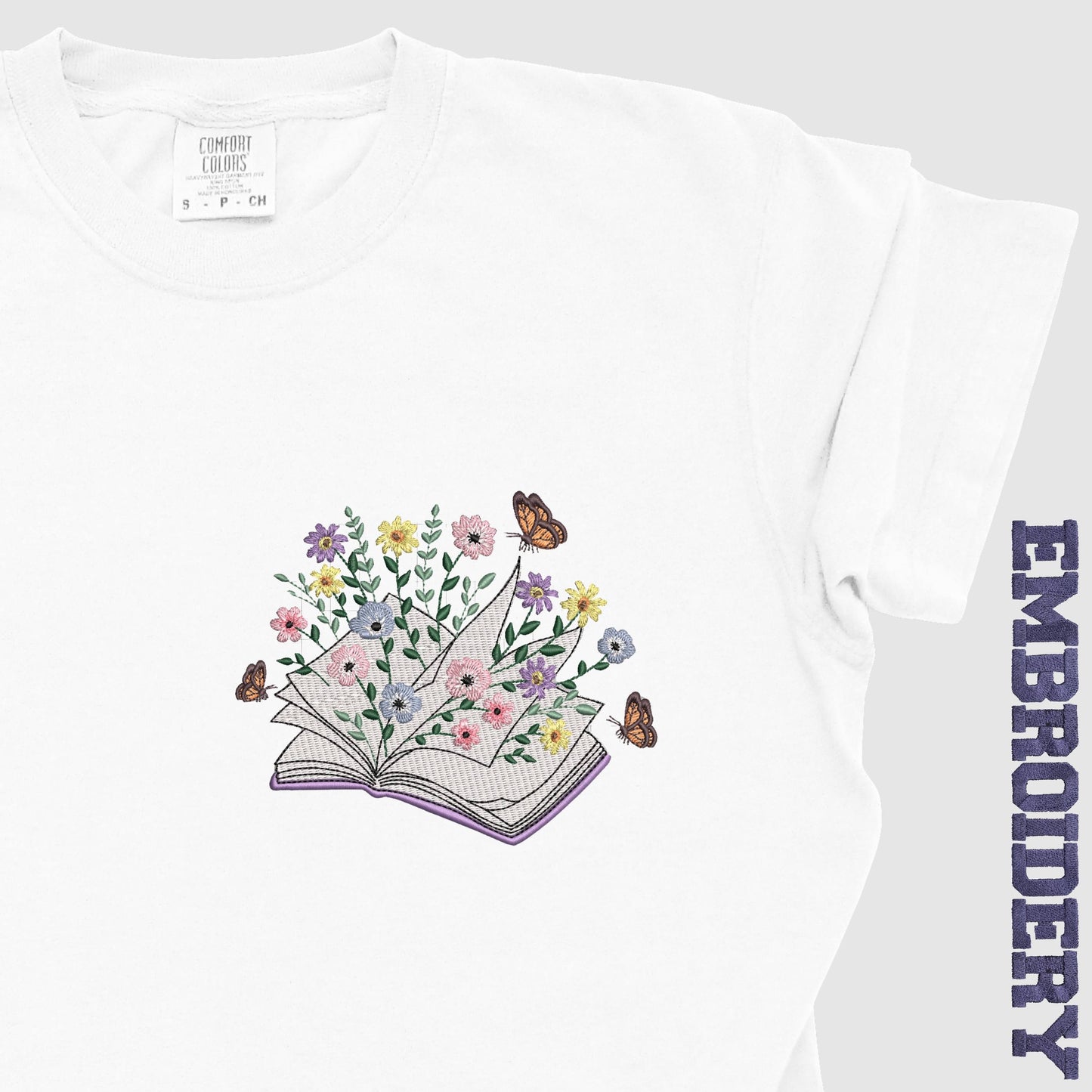 Floral Book Embroidery T-Shirt, Gift for Book Lover