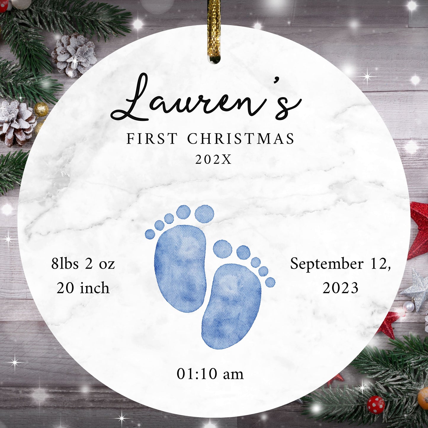 Baby Ornament, Newborn Foot Name Ornament